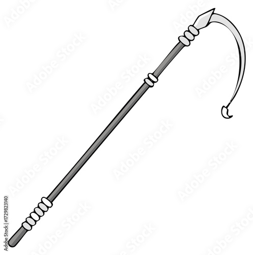 Cartoon drawing of a fantasy polearm weapon with a hooked scythe blade