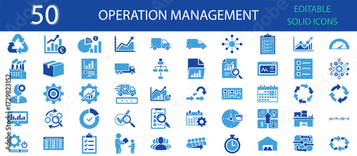 Operation management solid  icons set. Logistics, supply chain, warehouse, delivery, process optimization, scheduling, quality control and business productivity. Editable solid icon pack