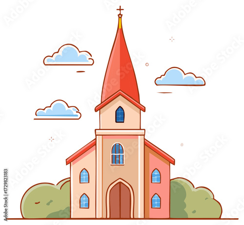 Charming Cartoon Church Scene with Bushes and Clouds Depicting Religion and Community