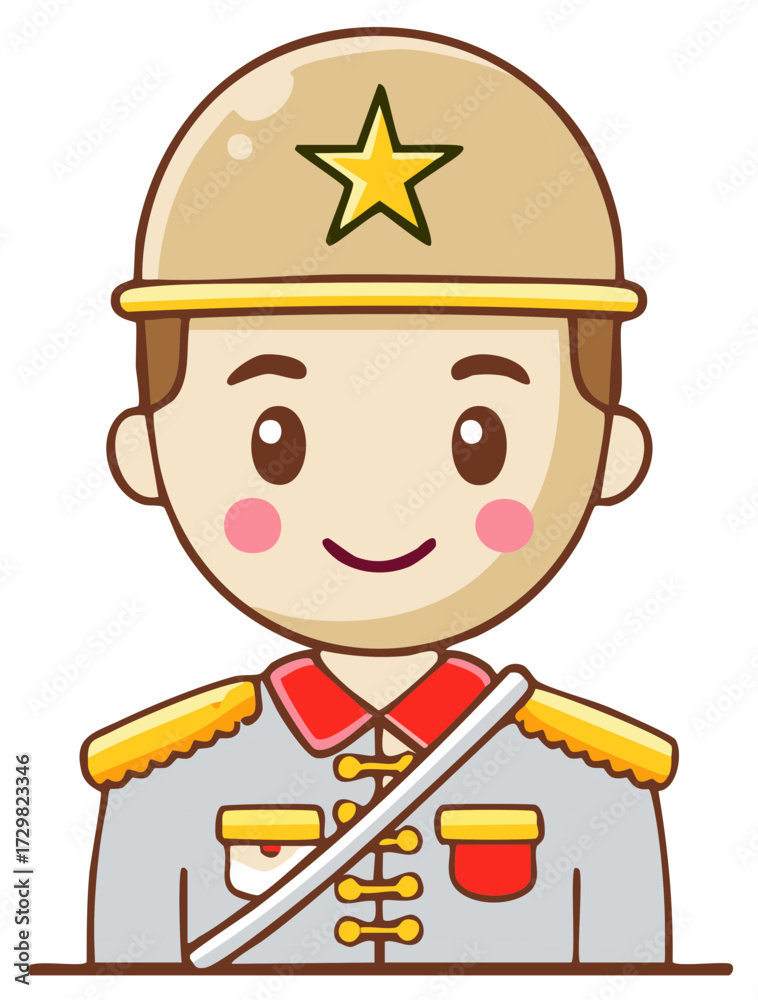 Naklejka premium Cartoon soldier wearing a helmet with a star, and grey military uniform.