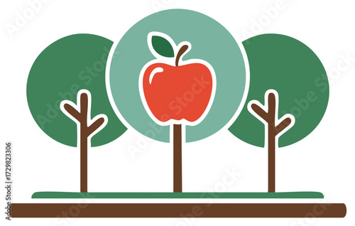 Stylized orchard scene with apple tree graphic, set amidst symmetrical trees and grass in a whimsical vector illustration