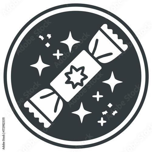 Christmas cracker or candy icon. Festive party popper with sparkles for holiday celebration graphic.