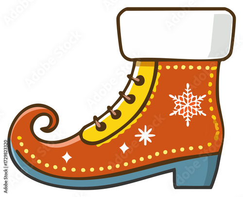 Festive Holiday Elf Boot with Furry Trim and Curled Toe Embellished with Stars and Snowflakes