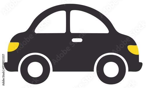 Minimalist dark sedan car icon with yellow headlights