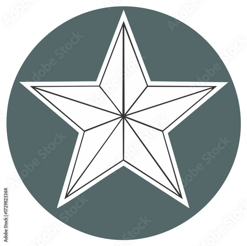 Vector illustration of a five-pointed star with thin black outlines inside a dark grey circle shape, star symbol.