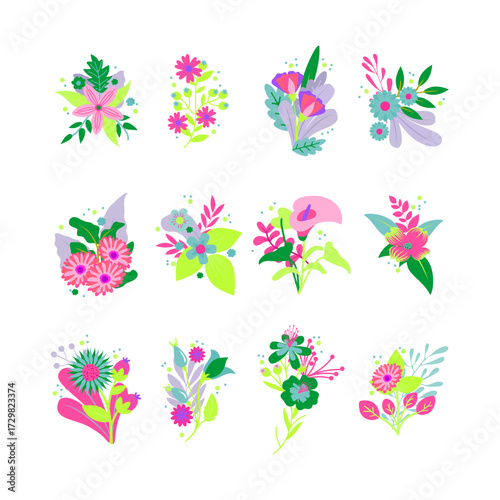 Vector floral elements, hand-drawn flower bouquets and decorative floral arrangements for design