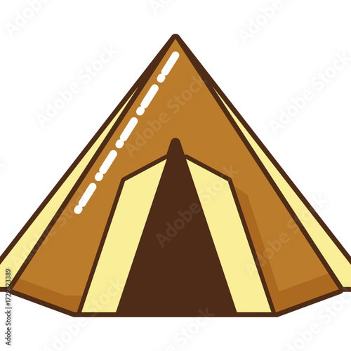 Cartoon Brown Camping Tent Vector Illustration with Yellow Trim and Dark Brown Entrance
