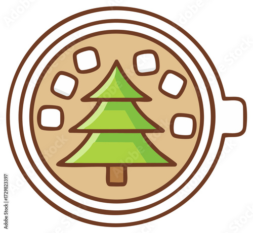 Cute cartoon hot beverage with Christmas tree and marshmallows holiday illustration