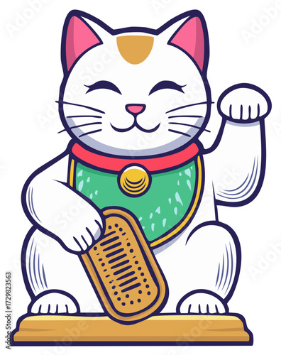 Cartoon Lucky Cat Illustration Waving Hand Holding Ancient Coin Symbolizes Good Fortune and Prosperity