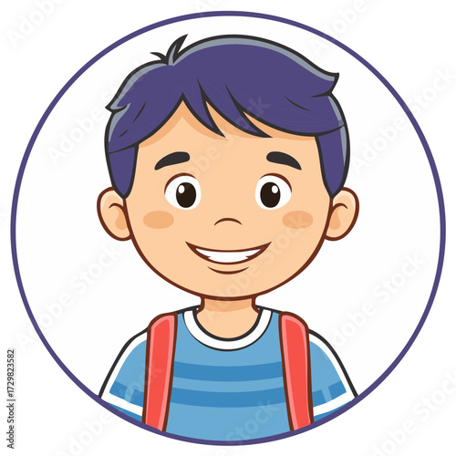 Smiling cartoon boy with purple hair and blue striped shirt wearing a red backpack