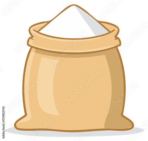 Cartoon illustration of an open brown canvas sack overflowing with white powder like sugar or flour