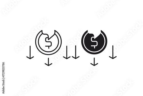 Money loss icon with falling arrows and two dollar coins represents financial loss. Suitable for finance and investment related concepts.