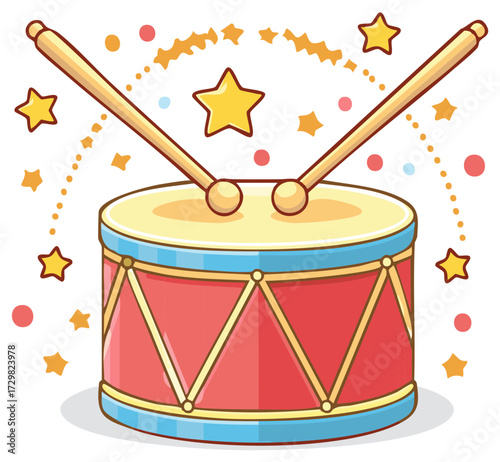 Cute Cartoon Childrens Toy Drum with Drumsticks and Stars Illustration