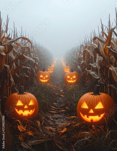 Spooky Halloween pumpkins light up a foggy corn maze at night.