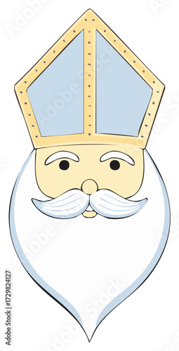 Cartoon drawing of a kind old man with a large white beard and a tall golden ceremonial hat