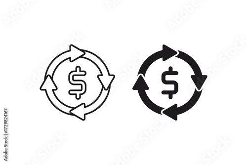 Circular economy money flow icon with dollar inside cyclical arrows showing sustainable financial circulation. Suitable for green finance concepts.