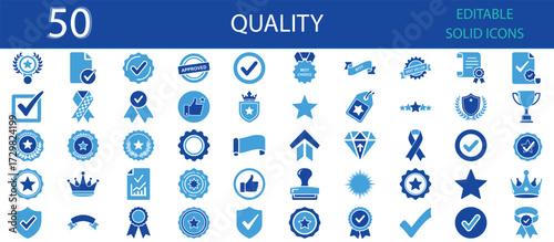 Quality solid icons set. Guarantee, approval, badge, ribbon, certificate, best choice, crown, star, diamond, label, trophy and award symbols. Editable solid icon collection