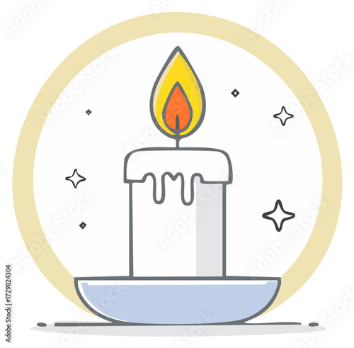 Burning Candle Icon with Stars,  Flame on a Plate, Light Source for Celebration, Religion, and Decorative Purposes