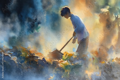 Dedicated Worker Raking Debris in Golden Smoky Haze, Backlit by Warm Sunlight, Creating Ethereal Scene.
