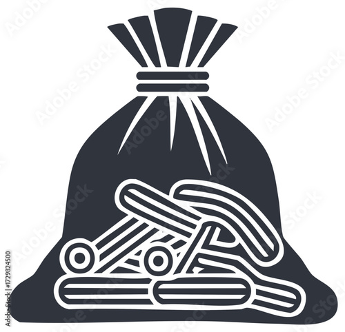 Archaeological discovery glyph with ancient tools or bones in a sack