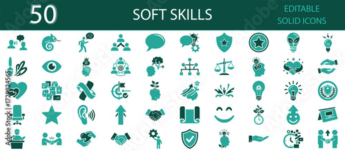 Soft skills solid icons set. Communication, leadership, teamwork, adaptability, empathy, negotiation, time management, problem solving, emotional intelligence and collaboration. Editable solid icon