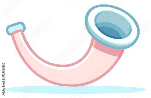 Stylized seashell horn illustration light pink and blue with curved shape on plain background