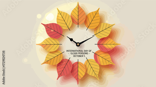 Celebrate International Day of Older Persons with a heartwarming design featuring vibrant autumn leaves and a gentle clock face, perfect for promoting respect and appreciation for seniors