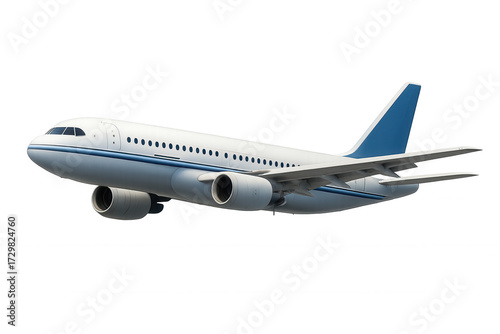 White passenger airplane in flight with blue details showing aircraft engines, wings, and tail on transparent background