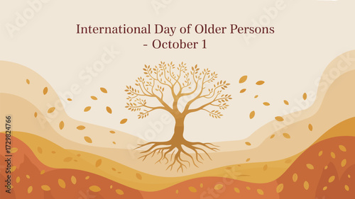 Celebrate International Day of Older Persons on October 1st with this warm and inviting design featuring a golden tree of life, perfect for promoting senior care and intergenerational harmony