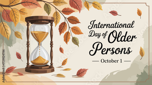 Celebrate International Day of Older Persons this October with Autumn Leaves and a Timeless Hourglass, Honoring Elders and the Beauty of Aging Gracefully, perfect for October campaigns