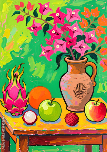 still life with apples and flowers