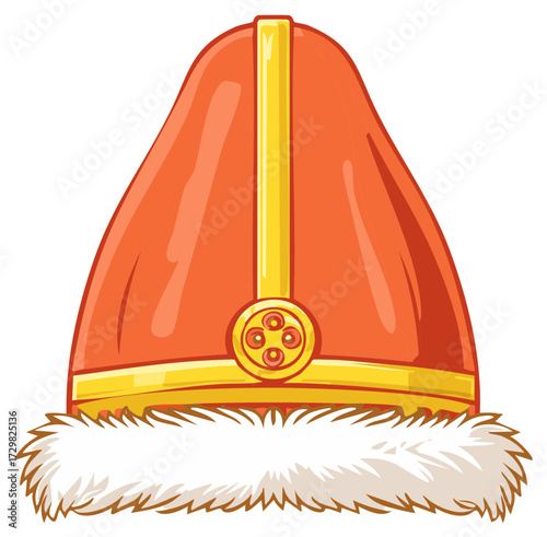 Traditional Orange Bishop Mitre Hat with Gold Trim and White Fur Festive Illustration