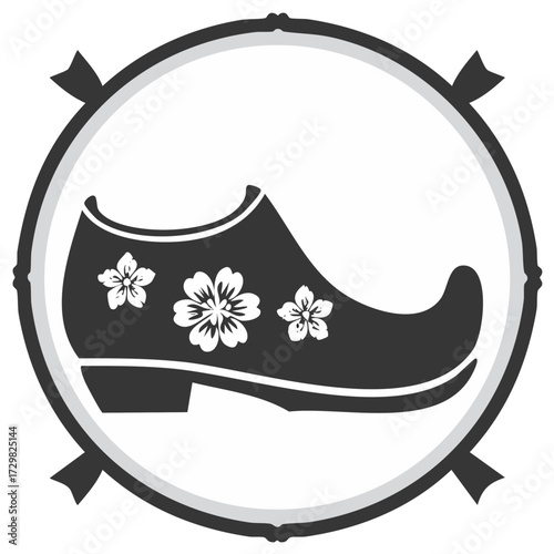 Traditional Dutch wooden clog with flowers in a circular emblem icon