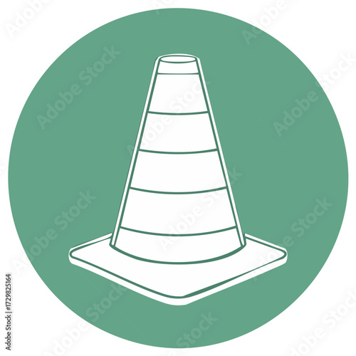 Traffic cone icon on a green circle. Construction safety sign symbol