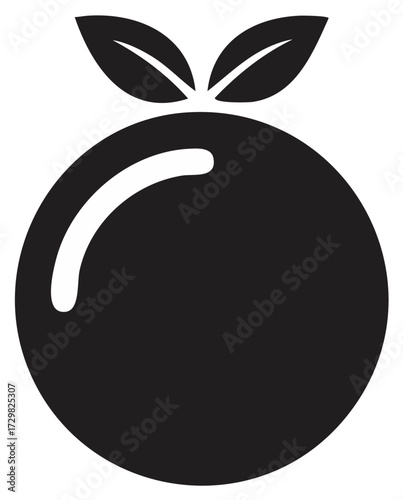 Black silhouette of an orange with two leaves on top symbolizing freshness