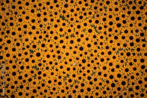 A vibrant pattern of sunflowers covers the entire surface, featuring large, dark brown centers surrounded by bright yellow petals, set against a warm yellow background.