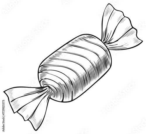 Wrapped candy drawing with textured surface in monochromatic style, classic sweet with side tied wrappers