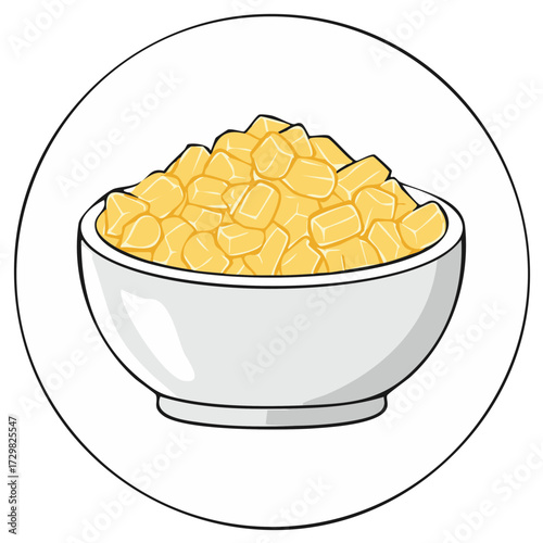 Cartoon vector illustration of a white bowl full of fresh diced yellow fruit like mango or pineapple