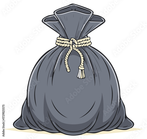 Illustration of a Fabric Sack Tied with Rope and Securely Closed Full Grey Bag