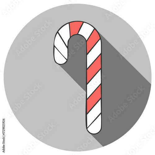 Candy cane illustration with long shadow in a circle. Seasonal design for Christmas.