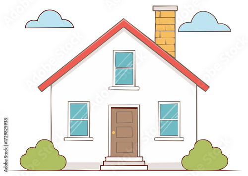 Cozy Home Facade Cartoon Illustration With Clouds chimney door and Windows