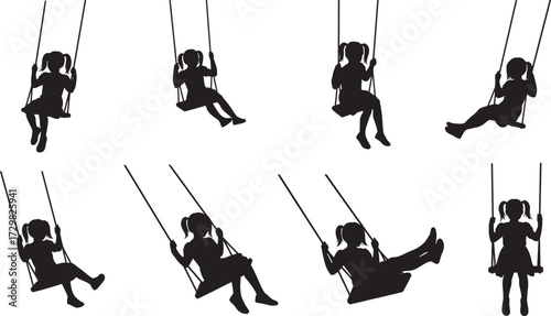 Girl swinging silhouette, playful child motion, pigtail hairstyle, swing poses, childhood activity, black vector, editable illustration, outdoor play, dynamic movement