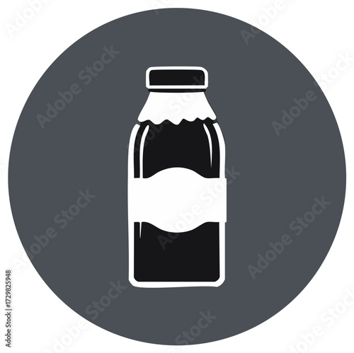 Minimalist black and white bottle icon with label and cap for beverage or food product packaging