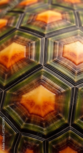 Closeup of a turtle shell pattern with hexagonal shapes and colors