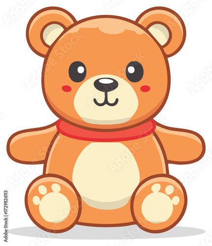 Cute cartoon teddy bear wearing a red scarf sitting cheerfully kids toy illustration
