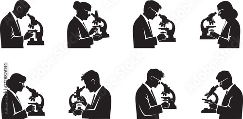 Microscope user silhouettes, science research, lab professionals, black vector icons, academic study, biology analysis, medical equipment, laboratory work, scientific discovery