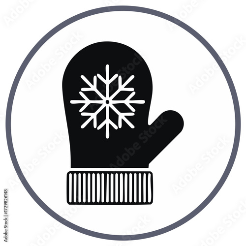 Black winter mitten icon with snowflake graphic and ribbed cuff inside a circle
