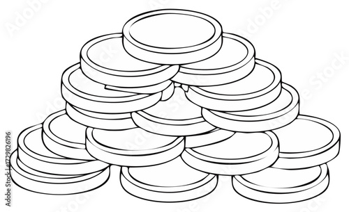 Heap of round coins, black and white illustration of money or finance, stacked