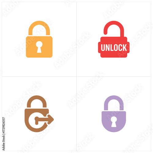 Padlock Icons Representing Security, Unlock, and Access in Gold, Red, Brown, and Purple