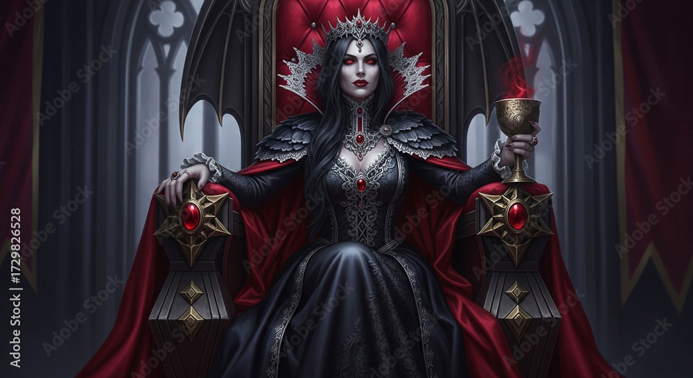 Fototapeta premium Vampire queen portrait fantasy art gothic dark throne blood goblet red eyes crown digital painting